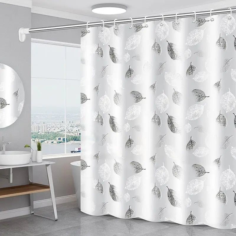 rideau douche blanc gris feuilles stylisées transparent moderne métalliques salle bain grande taille résistante'eau