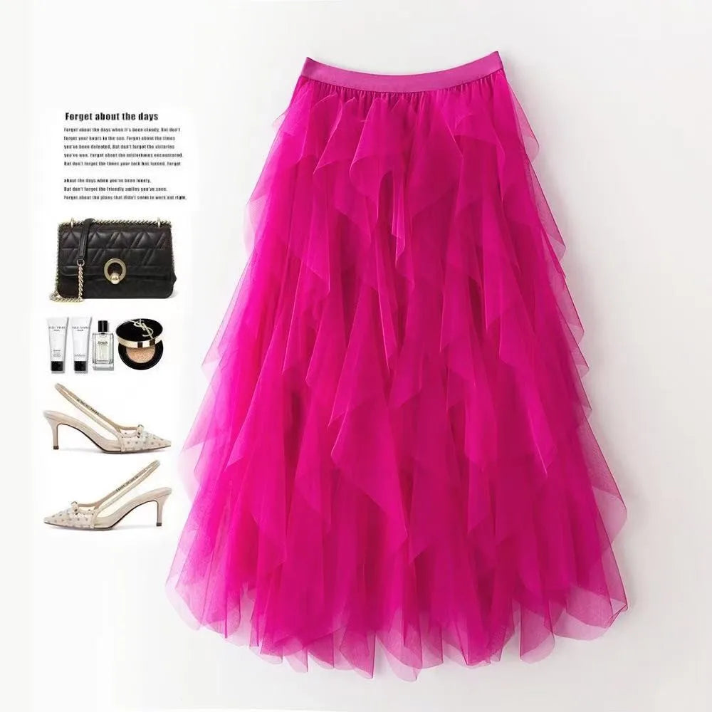 jupe tulle plissée rose noir élégante féminine asymétrique mi mollet translucide junior femme