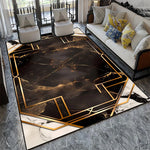 Tapis design moderne avec motif en marbre doré et lignes géométriques dans un salon élégant.