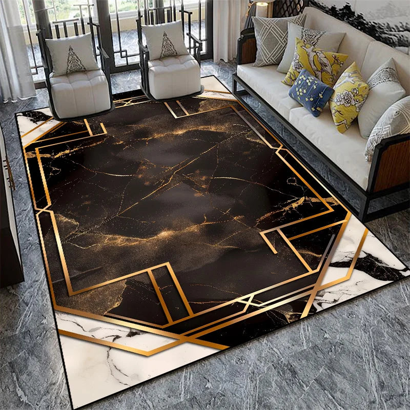Tapis design moderne avec motif en marbre doré et lignes géométriques dans un salon élégant.