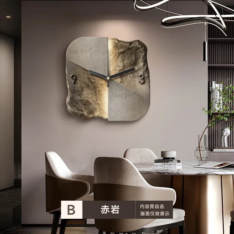 horloge murale moderne abstraite pierre trois dimensions gris beige marron fixée salon