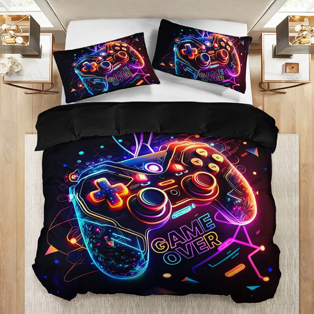 ensemble literie moderne gamer motif manette jeu game over noir violet bleu orange rose