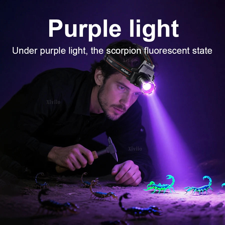 lampe frontale led rechargeable uv 395nm zoomable tactique camping chasse pêche