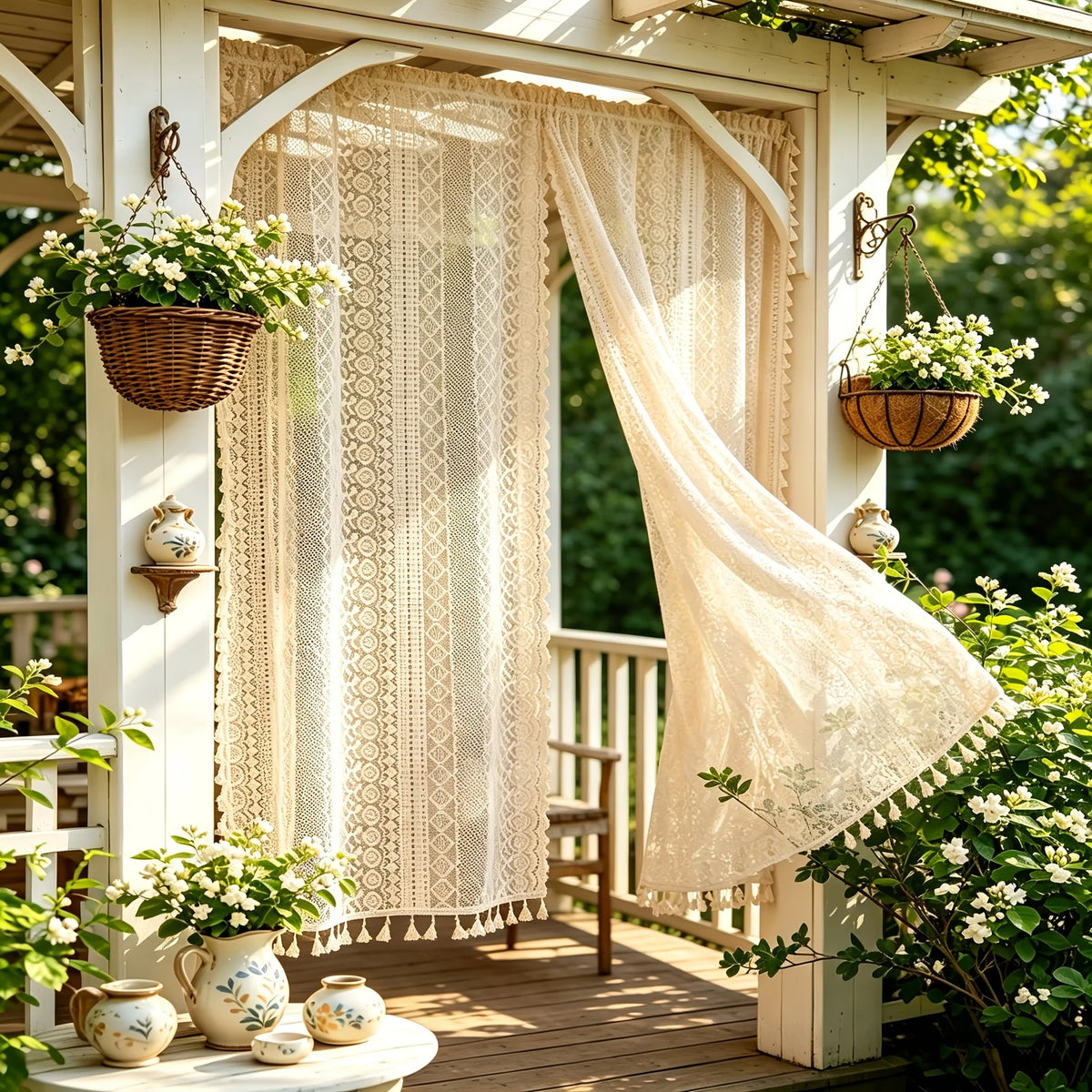 rideau dentelle fine beige clair semi transparent classique romantique pompons extrémitésextérieur