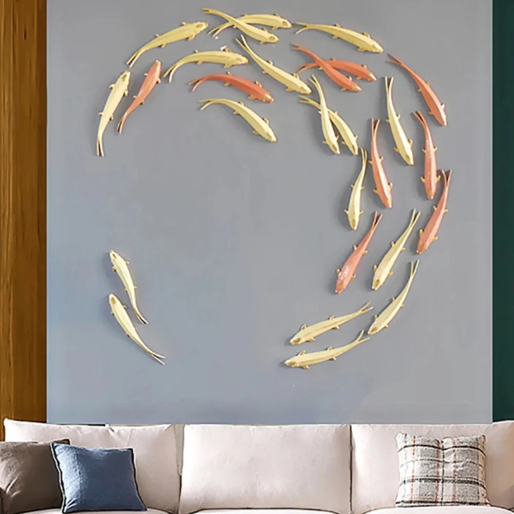 décoration murale moderne poissons dorés sculptés or animaux intérieur salon