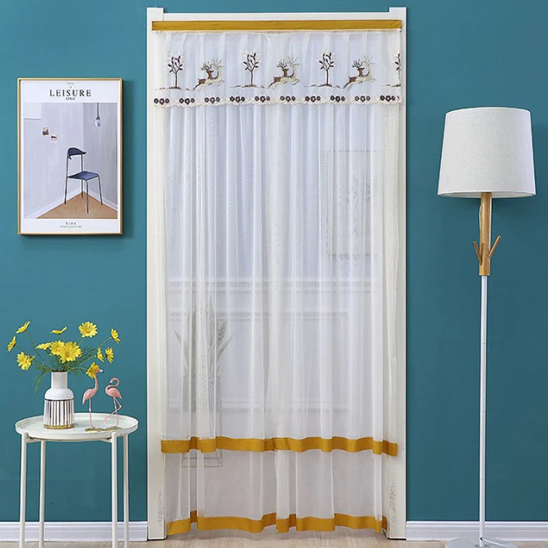 rideau porte anti moustiques blanc jaune violet rose broderie cerfs fleurs transparent classique ruban