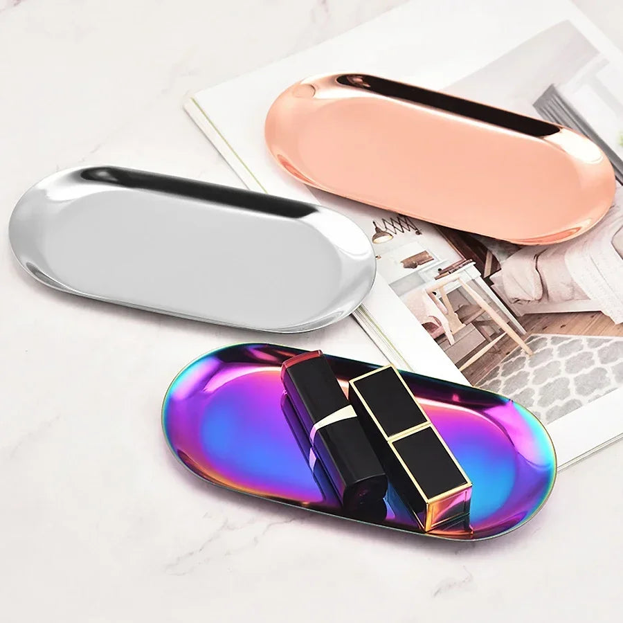 plateau ovale multicolore brillant moderne élégant acier inoxydable présentation bijoux cosmétiques rangement manucure desserts