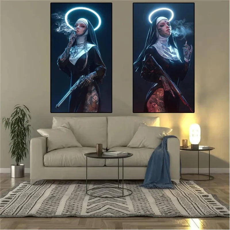 tableau toile tattoo nonne croix halo lumineux contemporain or noir rouge gris İslamistique erotique