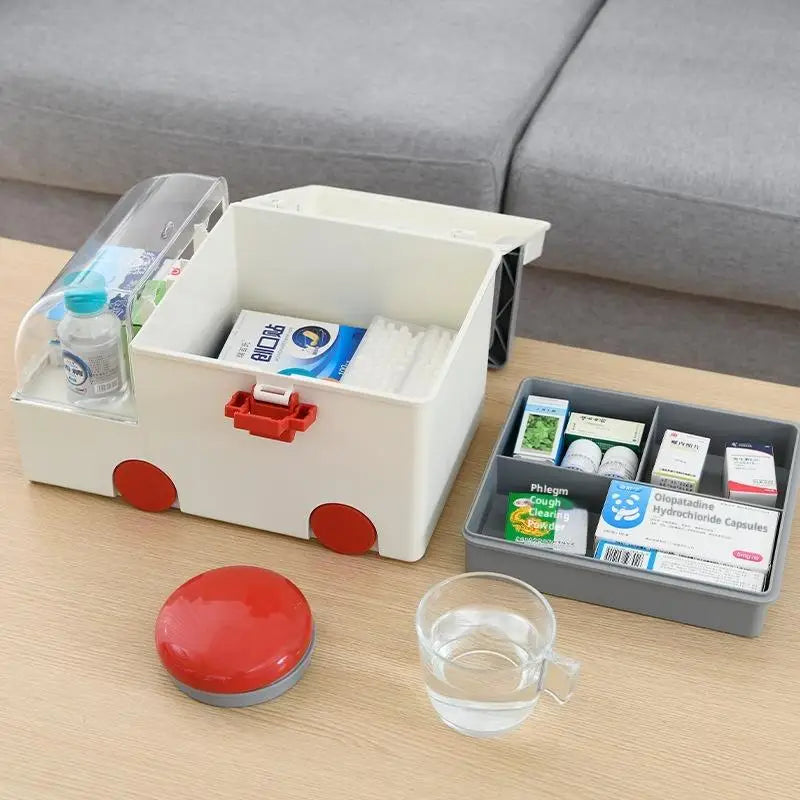 boîte rangement médicaments blanc rouge moderne pratique poignée amovible emballages médicaux flacons boîtes