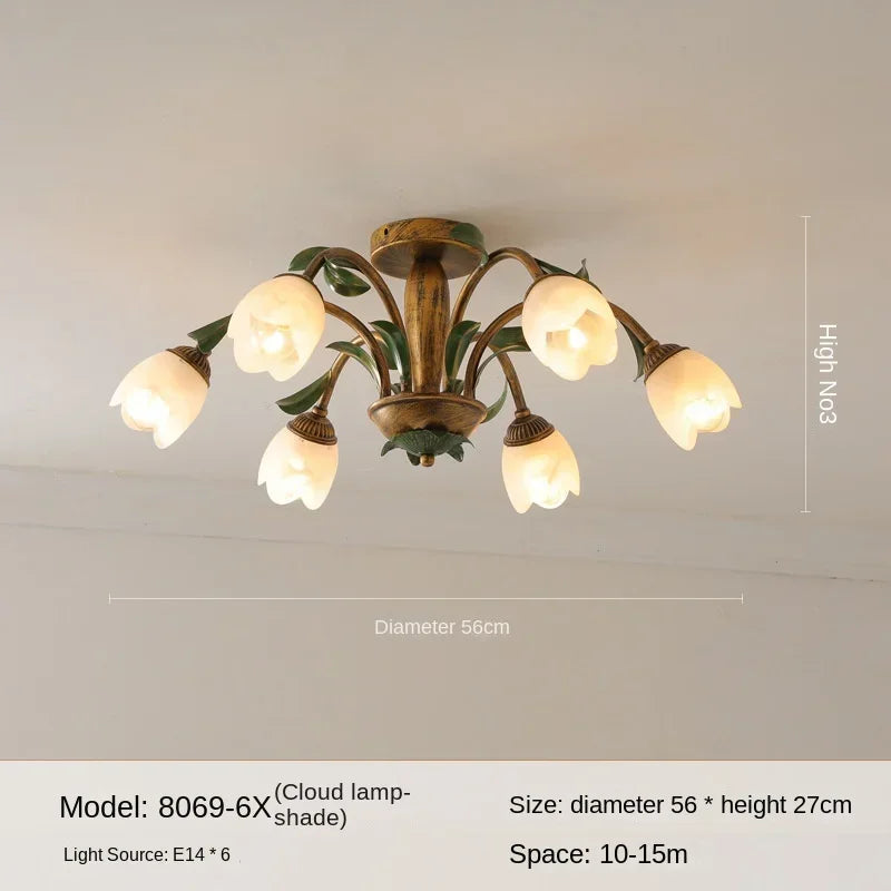 lampe vintage fleurs verre feuilles métal doré vert salon chambre