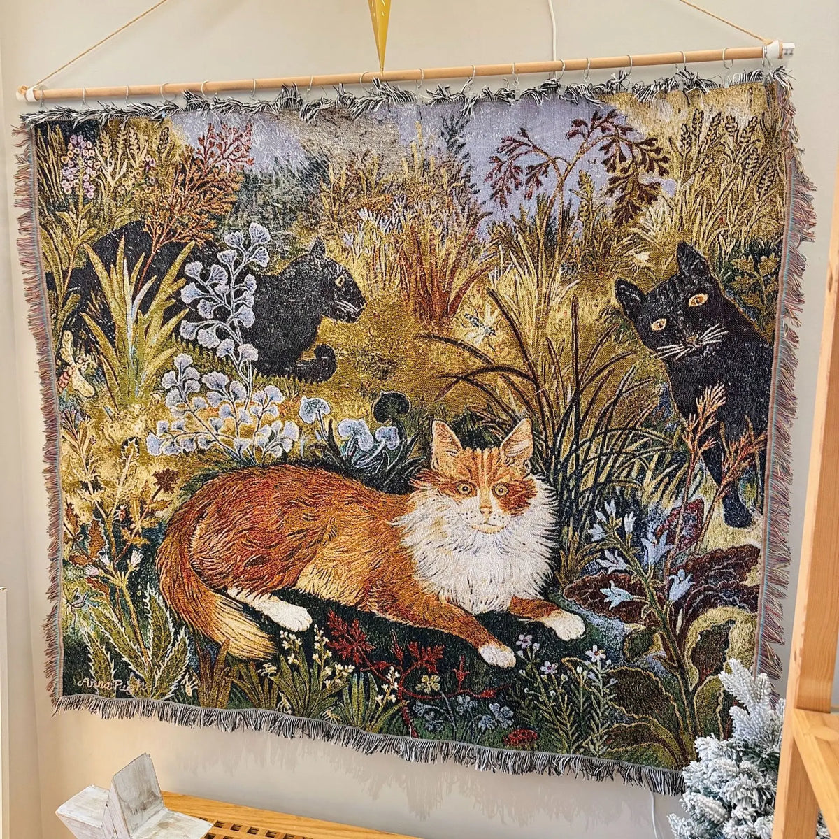 tapis vintage artisanal chats feuilles animaux portable printemps automne maison camping pique nique