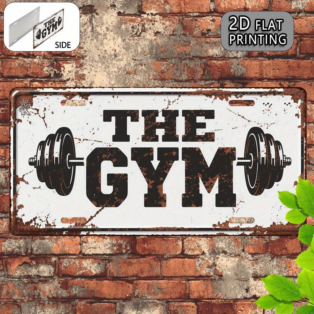 décoration murale vintage plaque THE GYM haltères blanc noir rustique 30cm 15cm aluminium