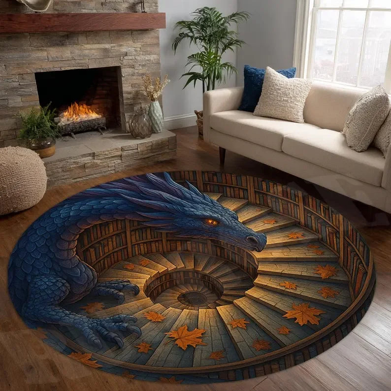 tapis rond moderne dragons roses géométrique fantaisie rouge violet bleu chambre