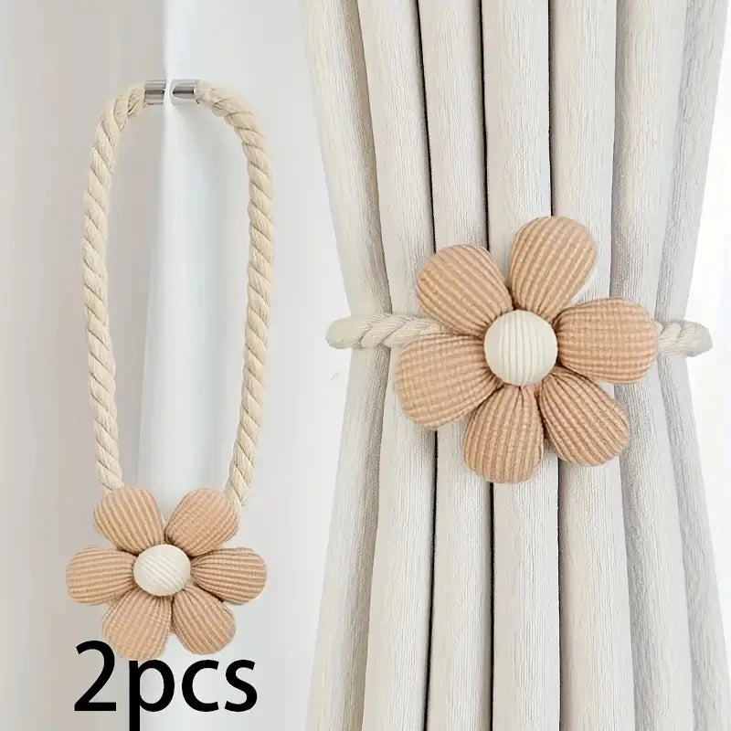 fournitures rideaux tissu fleurs beiges anneaux métalliques cordons coton décorative rustique moderne