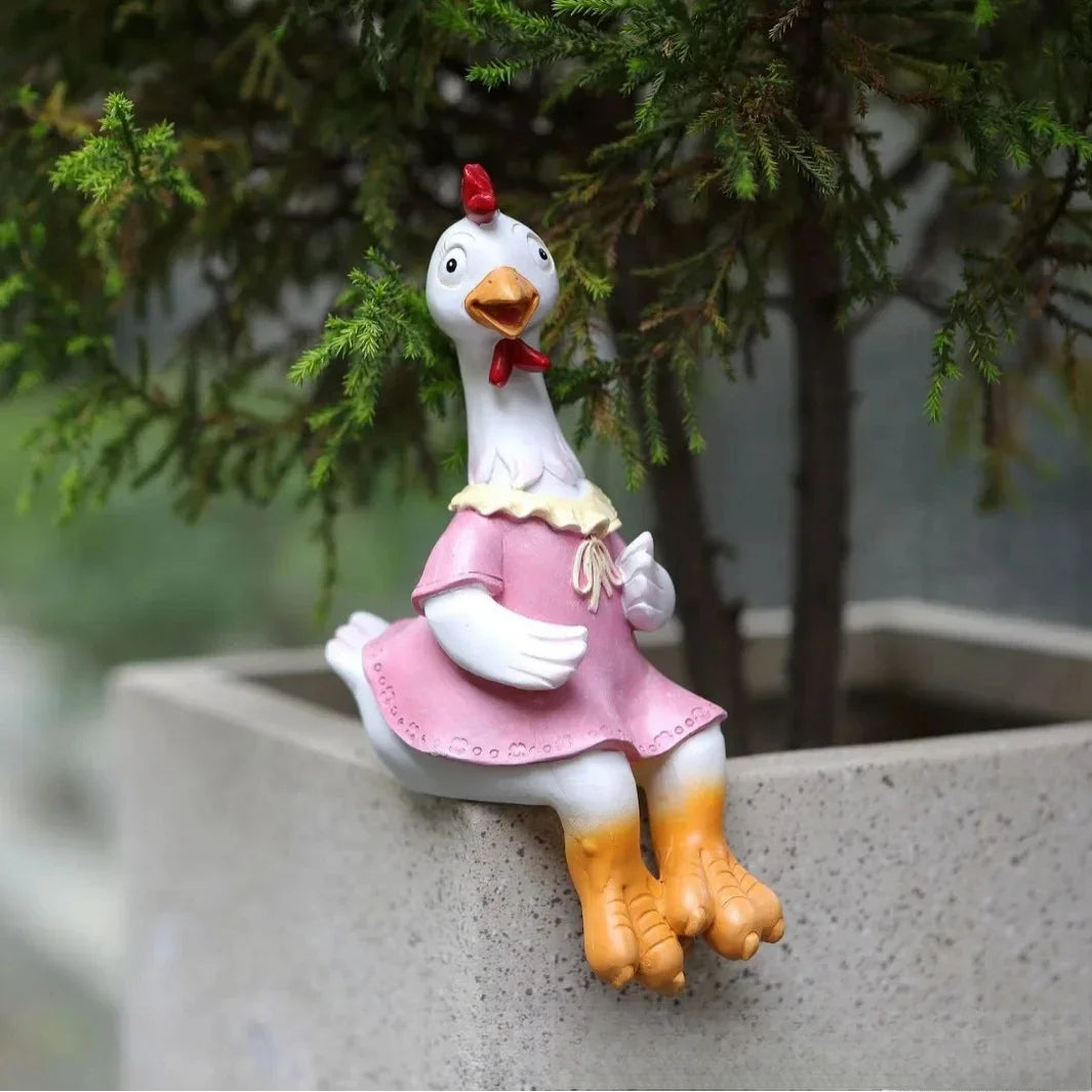 statues jardin résine couple poulets vêtus fleurs couleur variée champêtre