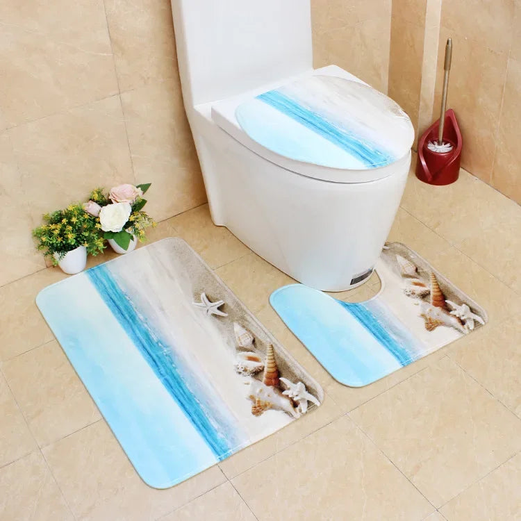 tapis toilette bleu blanc moderne ensemble tapis bain poissons coquillages plage scènes marines