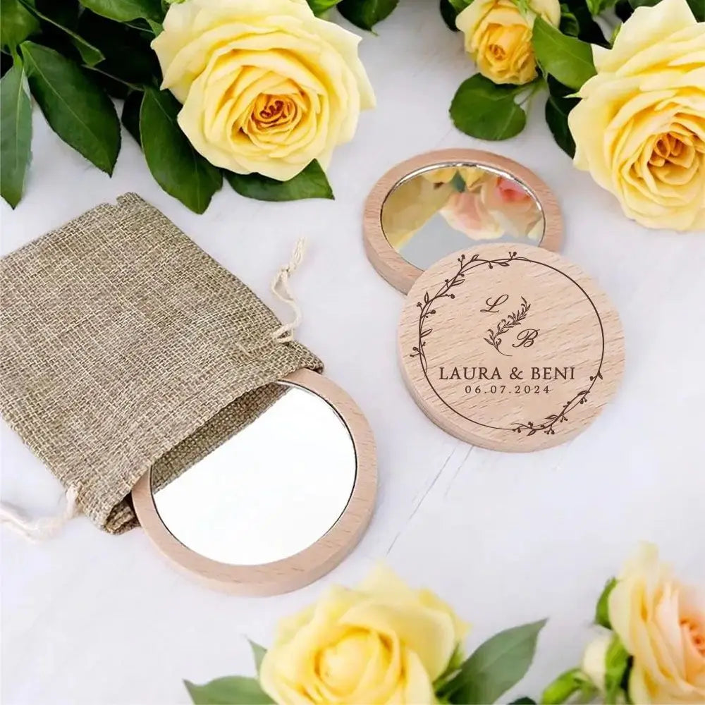 miroir rond bois gravé floral sac toile jute classique portable blanc naturel demoiselles d’honneur