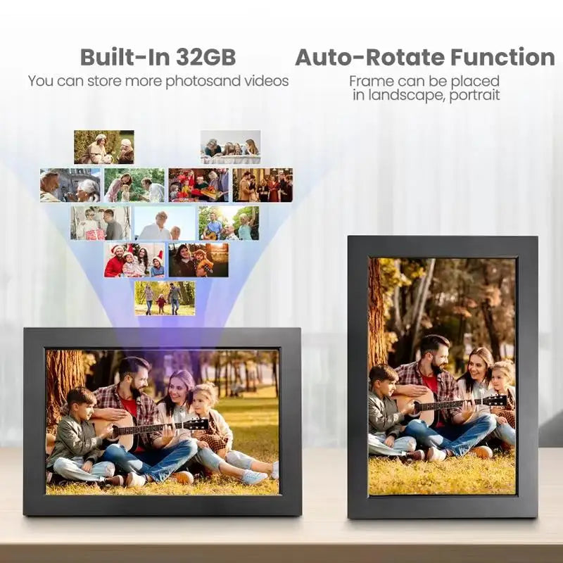 cadre photo numérique wifi écran tactile hd imitation bois moderne 32go photos variées famille