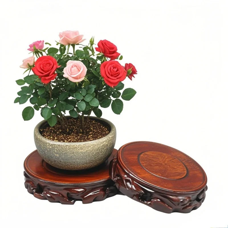 supports ronds bois sculpté pots fleurs coffret hexagonal traditionnel asiatique motifs organiques complexes rose