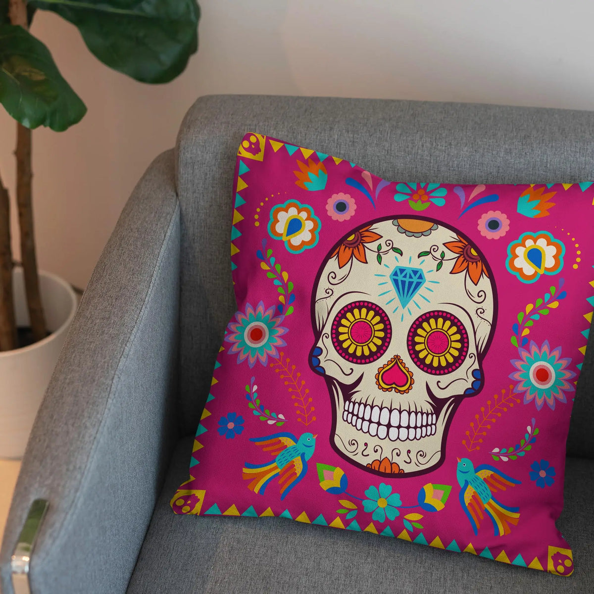 lot taies d'oreiller carrées crâne mexicain fleurs pop art violet bleu rose