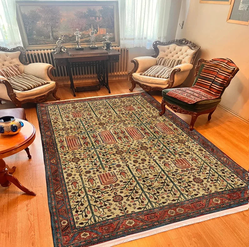 tapis oriental fleuri rouge noir beige salon chambre extérieur moderne polypropylène polyester