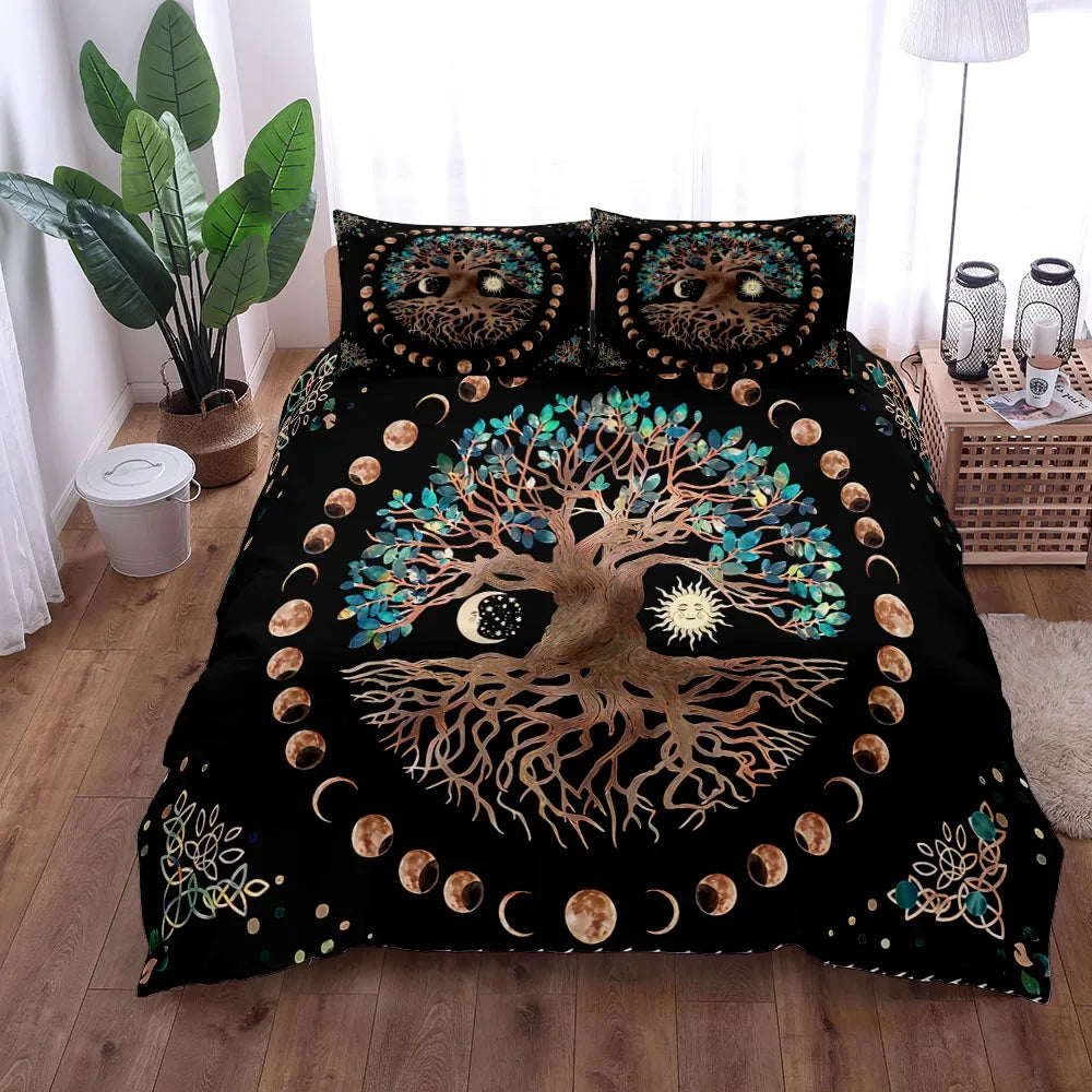 Housse de couette Yggdrasil en couleur bleue dans une chambre décorée