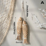poissons bois sculptés naturels bleu marine artisanal cordelette filet pêche décoration murale vintage