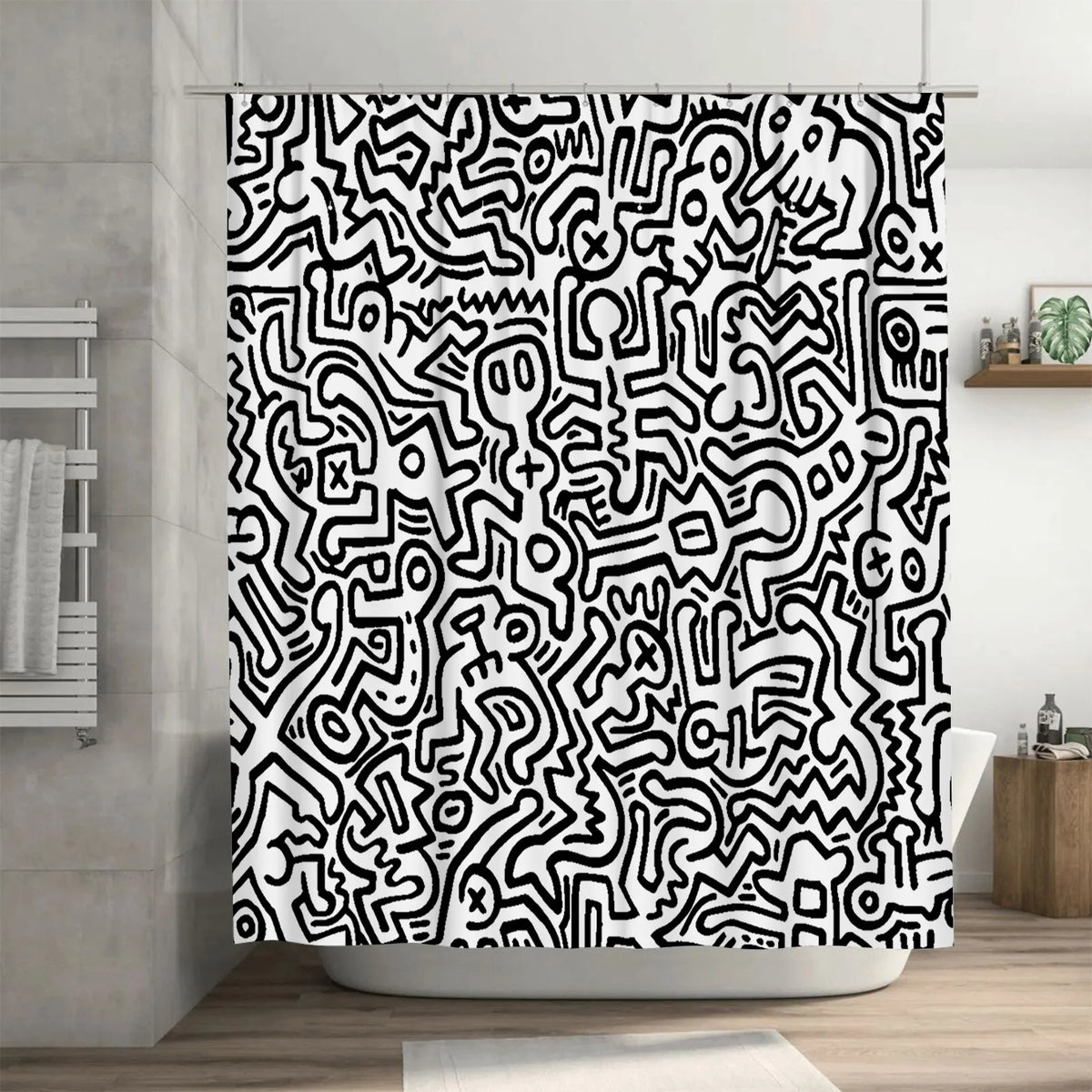 rideau douche moderne noir blanc graphique abstrait imperméable résistant respectueux environnement anneaux métalliques large