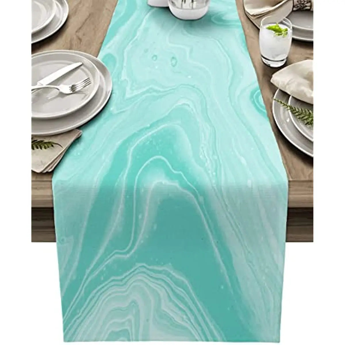 chimene table lin turquoise motifs marbre abstraits moderne élégants maison 100% lin 79x13inch