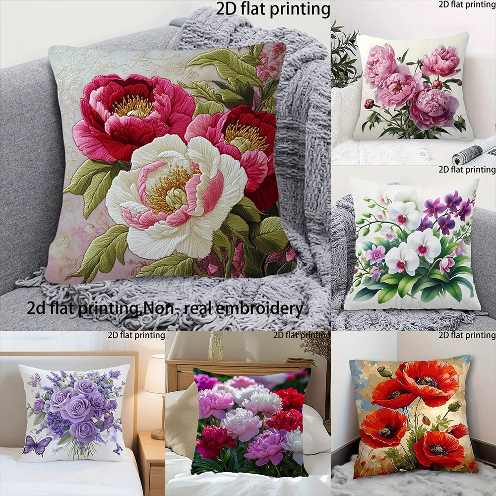 taies d'oreiller décoratives fleurées moderne polyester rouge blanc vert rose jaune