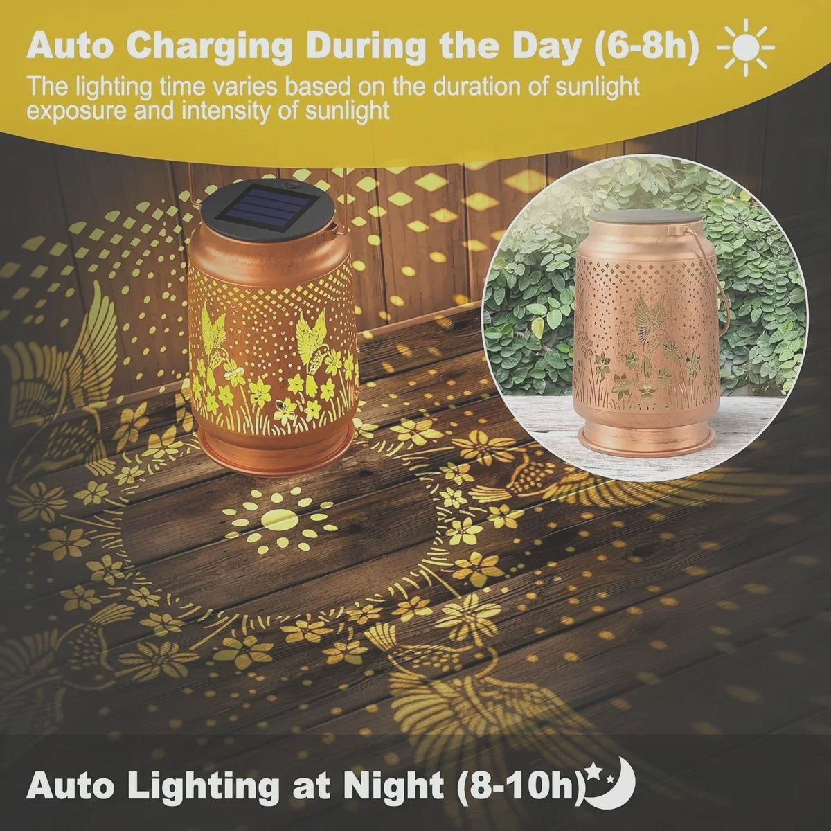 lanterne solaire bronze oiseaux volants ampoules led interrupteur on off énergie solaire résistante intempéries