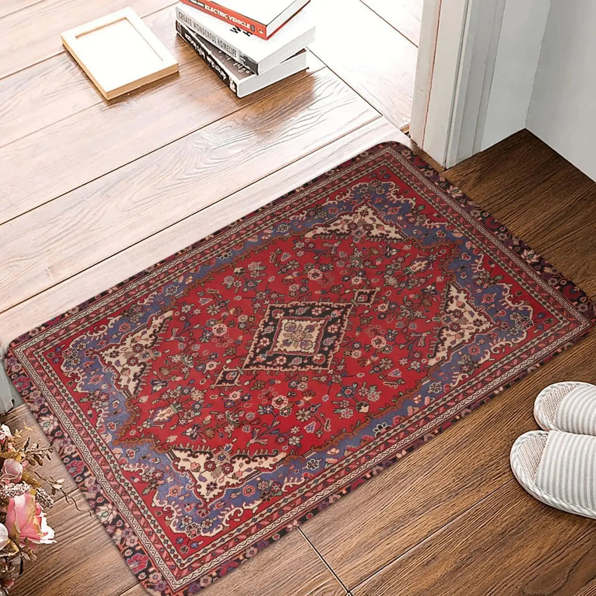 tapis ethnique traditionnel rouge bleu beige antidérapant intérieur extérieur doux porte sol cuisine