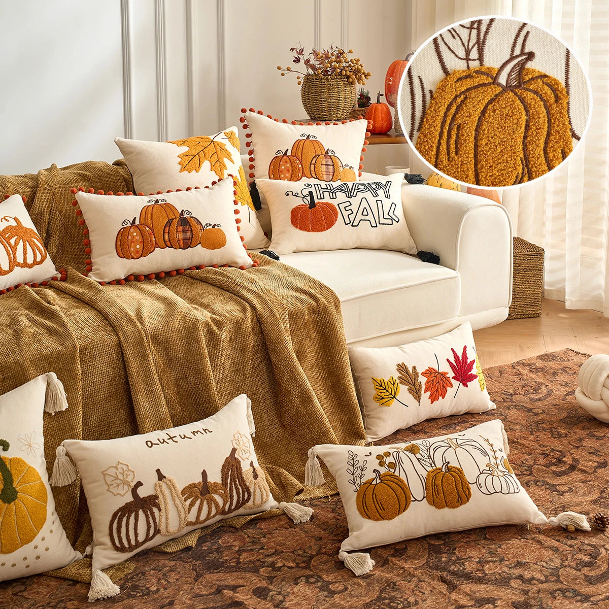 citrouilles feuilles d'automne coussin polyester 45x45cm rustique halloween thanksgiving decoration chambre