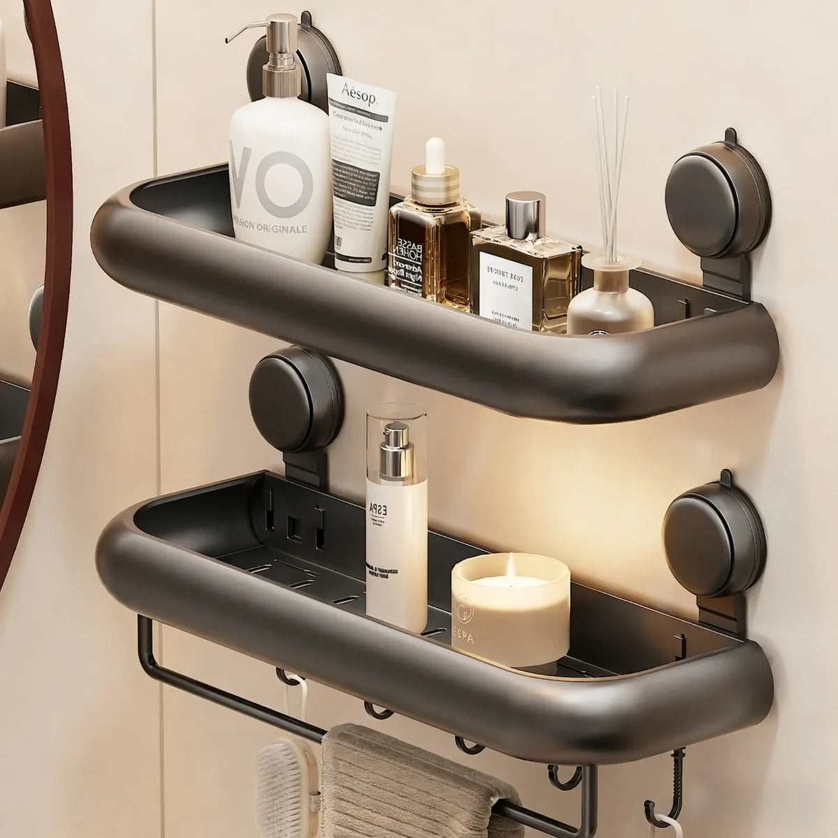 étagère murale salle bain ventouse aluminium électroplaquée noire moderne poignées succion grille dimensions