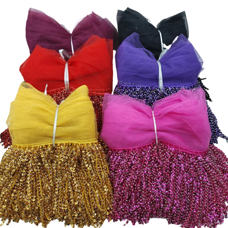 jupe déguisement sequins dorés ruban fixation largeur 16cm polyester violet rouge jaune rose vert