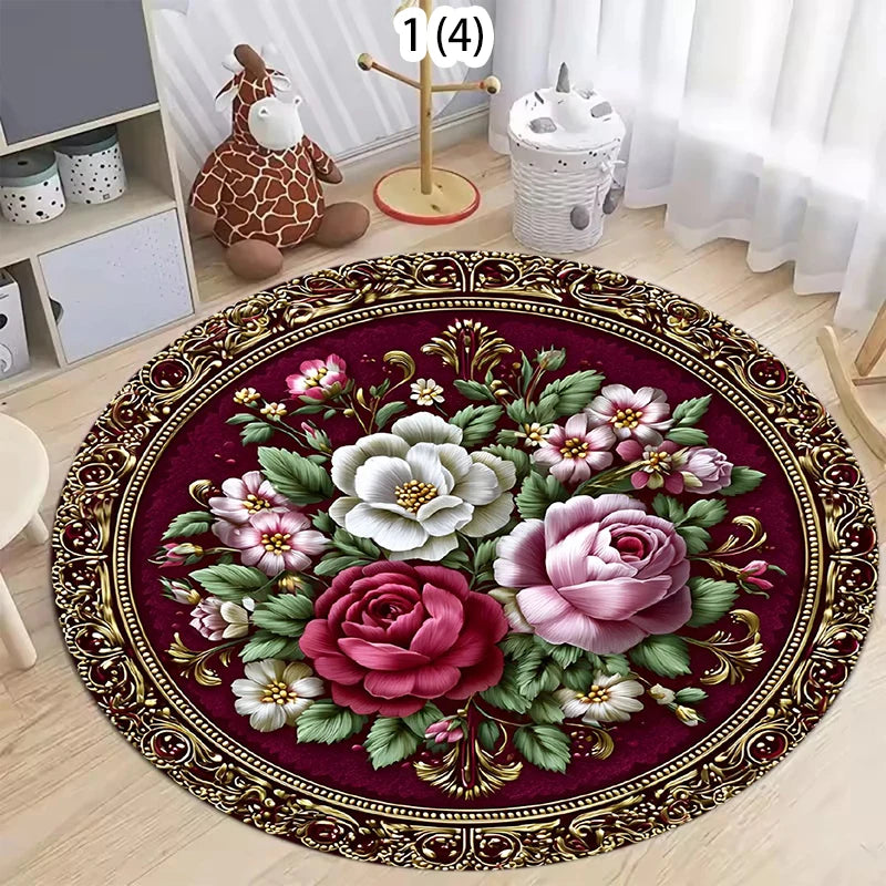 tapis rond fleur rose noir vert classique anti dérapant polyester polypropylène 40cm 80cm 120cm