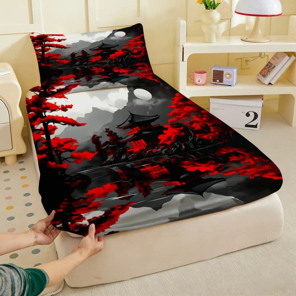 drap housse imprimé paysage oriental moderne rouge arbres montagnes chambre lit coton polyester