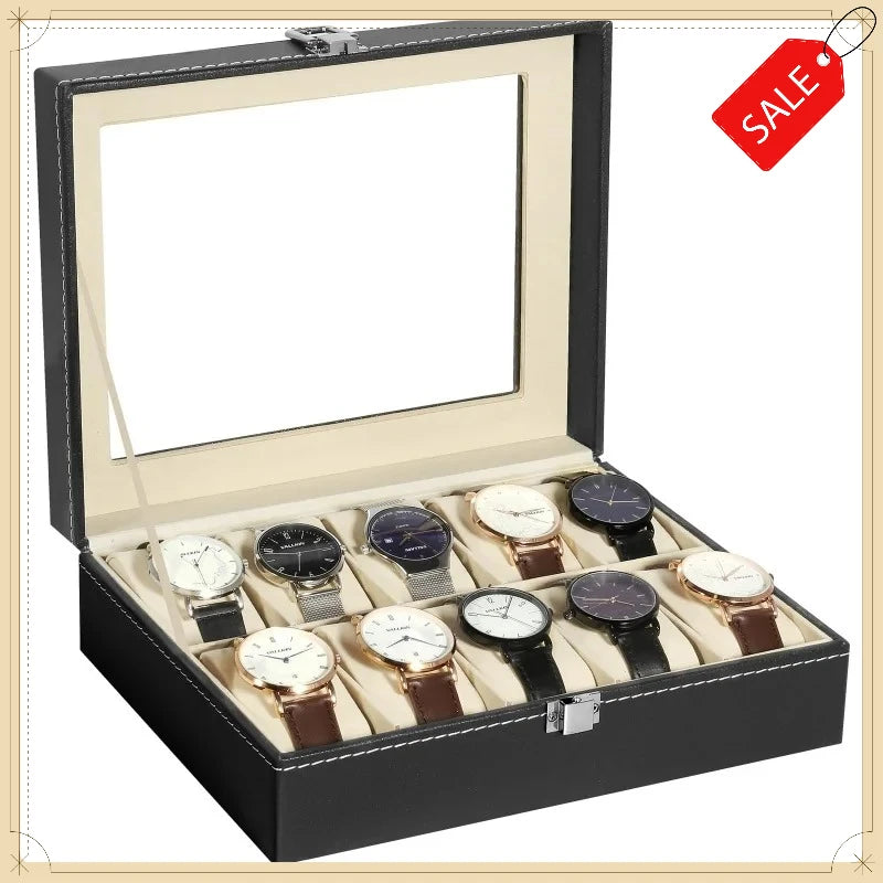 boîte montres simili cuir noir beige 12 emplacements couvercle verre classique organizer bijoux