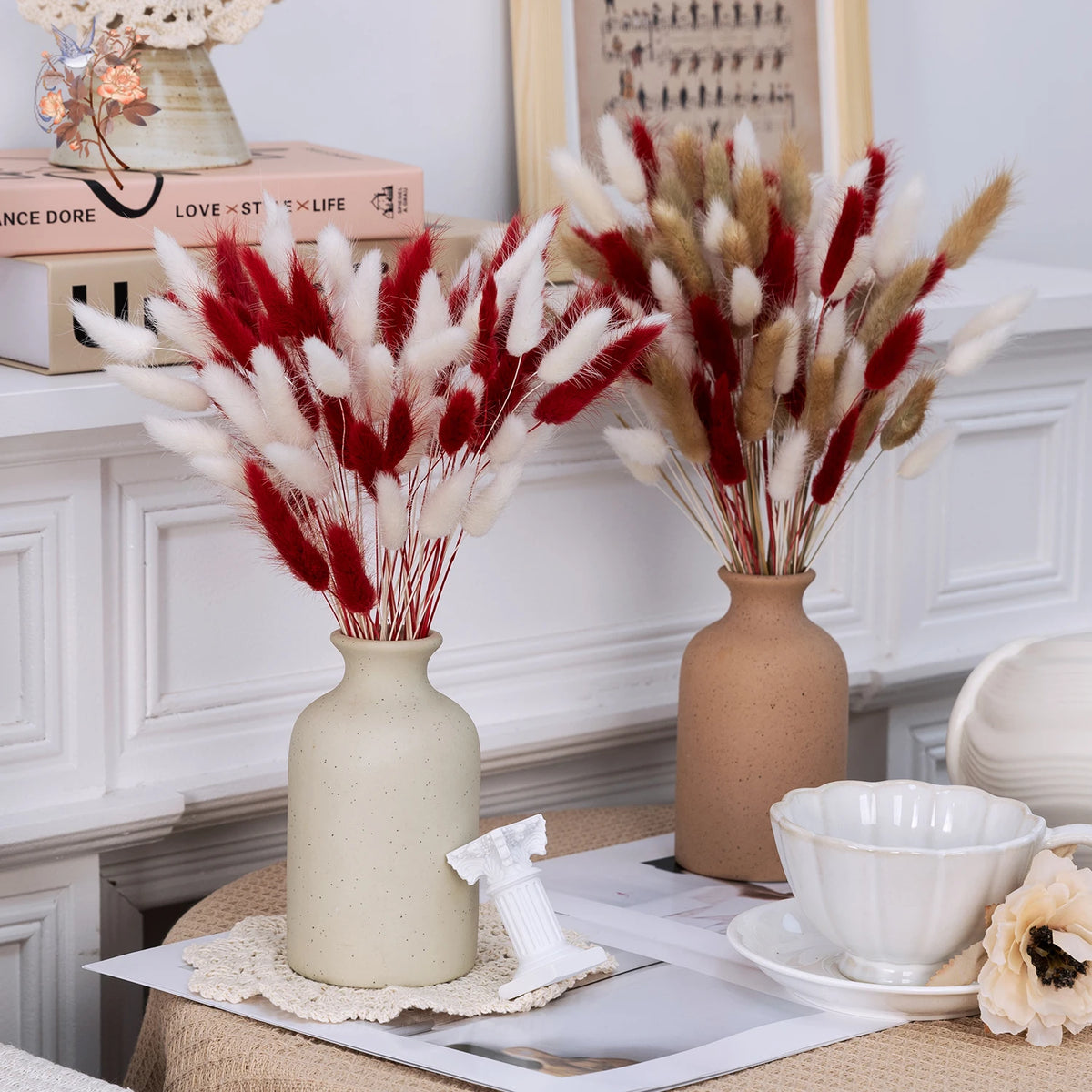 décoration maison dried flowers bouquet plumes naturelles rouge blanc anniversaire mariage festiveintérieur