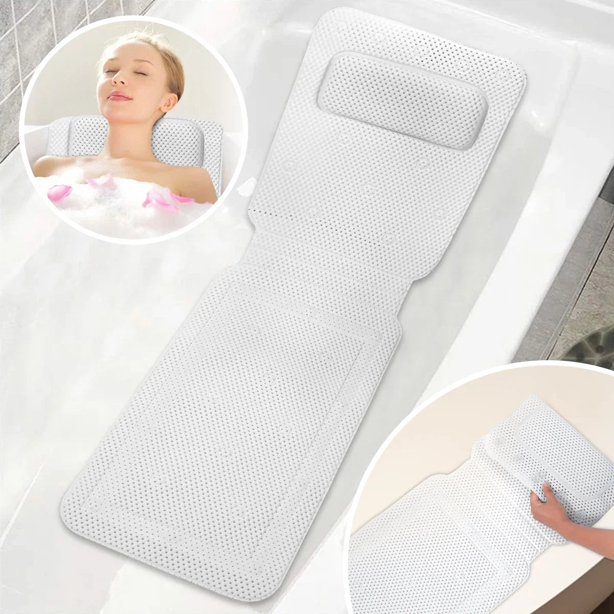 tapis bain blanc anti dérapant coussin tête ventouses alvéoles moderne sécurité salle bain