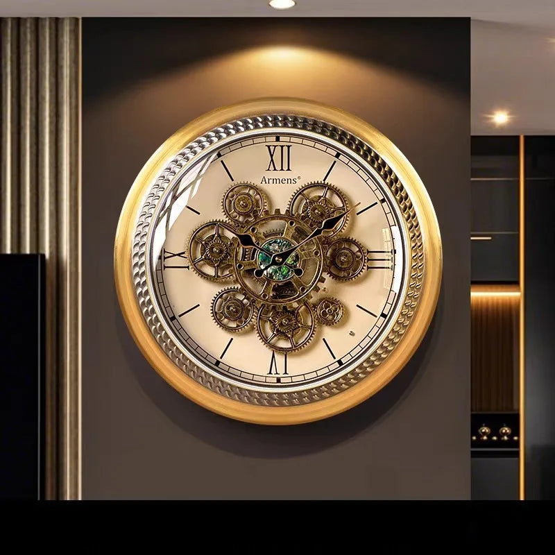 horloge murale vintage aiguille numérique transparente cadre doré numeros romains mécanisme visible rétro ornemental