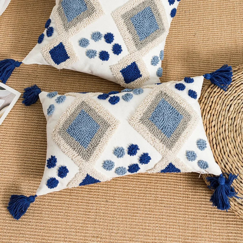 coussins bohèmes 3d franges taies d'oreiller décoratives géométriques brodés moderne blanc bleu clair polyester