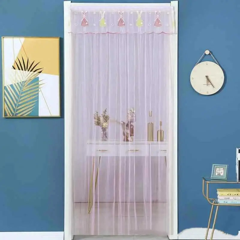 rideau porte transparent motif animaux brodés couleur bleu violet blanc enfantin