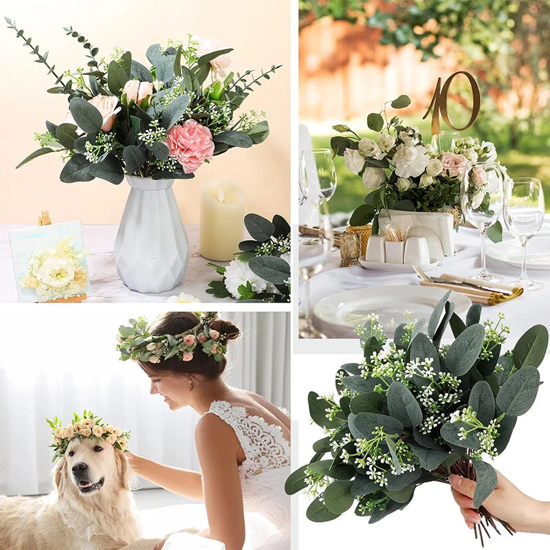 bouquet artificiel feuilles vertes fleurs blanches decoration mariage naturel rustique