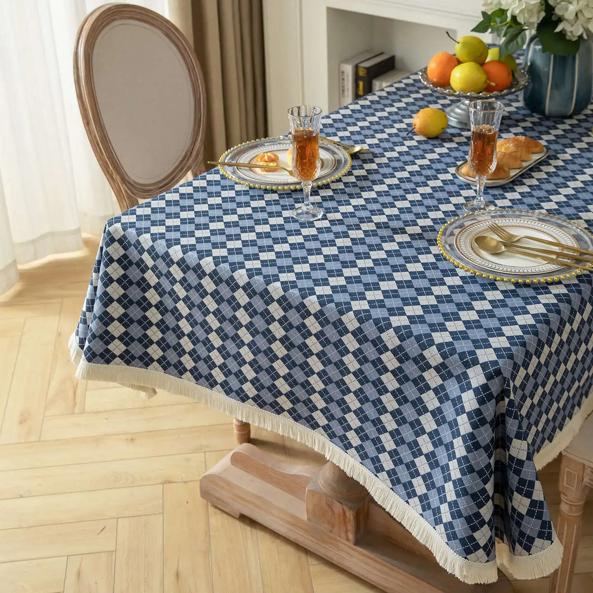 nappe carreaux bleu marine table hiver printemps été noël classique réutilisable polyester coton farmhouse