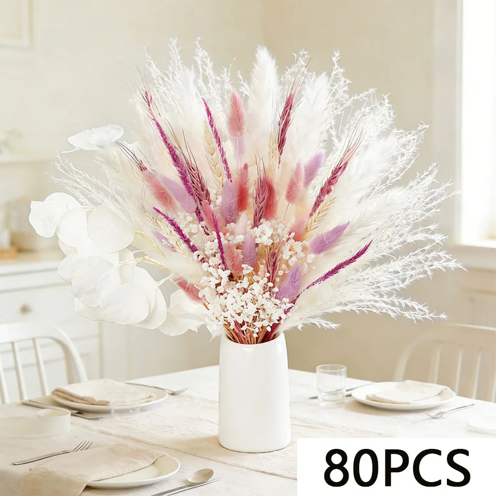 bouquet plumes graminées fleurs séchées blanc rose boho décoration intérieure anniversaire mariage