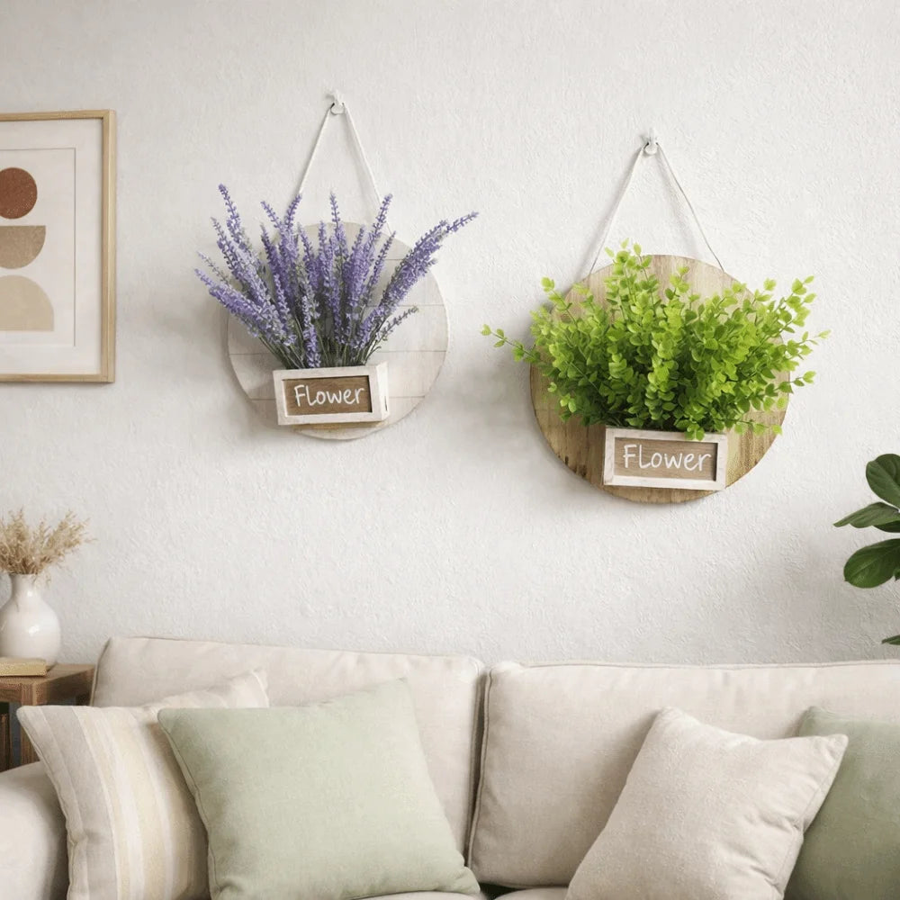 décoration murale suspendue bois blanc gris fleurs artificielles rustique chambre salon