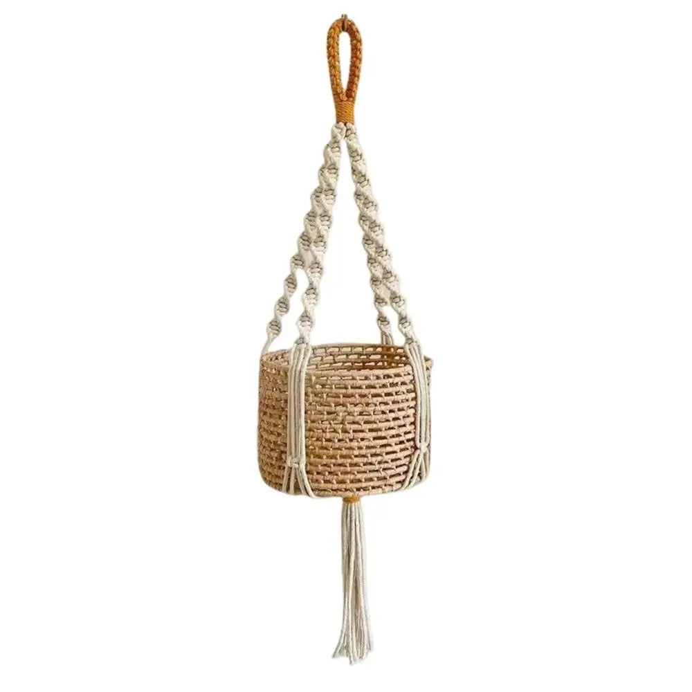 support plante suspendue macramé boho blanc beige noir artisanal anneaux métalliques pot plante