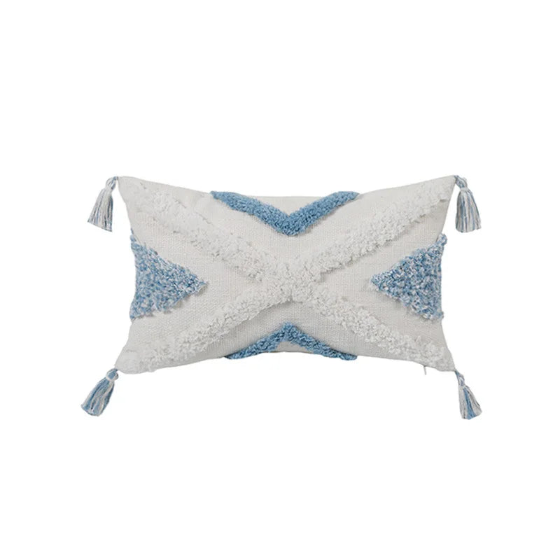 coussin decoratif bleu blanc motif geometrique moderne boho chic amovible lavable tassel adhésif coton