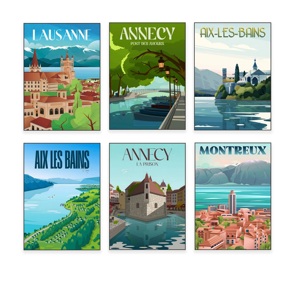 Cette image présente une série d'affiches vintage illustrant différentes villes et destinations en Suisse, dont Lausanne, Annecy, Aix-les-Bains, Aix les Bains, Annecy et Montreux, avec des illustrations de paysages, d'architecture et de sites emblématiques de ces lieux.